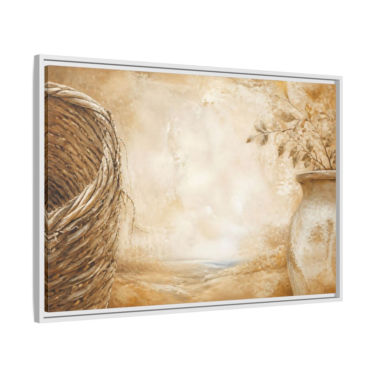 Side Mockup 9. Woven Basket & Clay Urn shown as framed canvas print