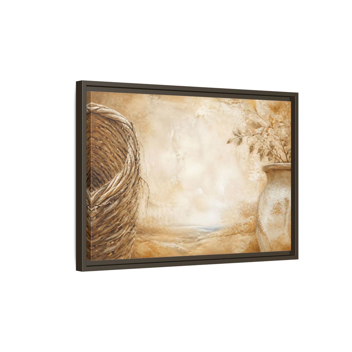 Side Mockup 2. Woven Basket & Clay Urn shown as framed canvas print