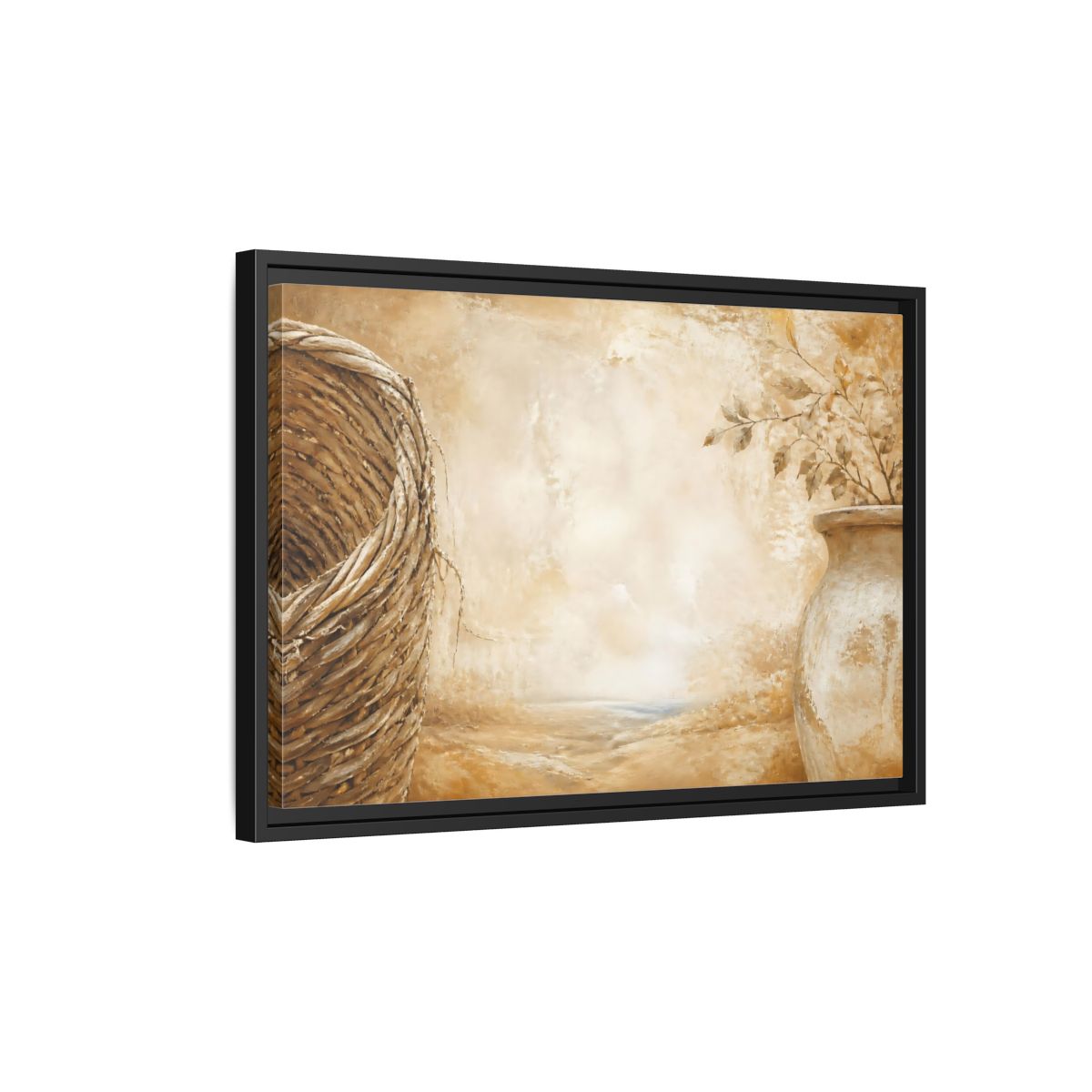 Side Mockup 3. Woven Basket & Clay Urn shown as framed canvas print