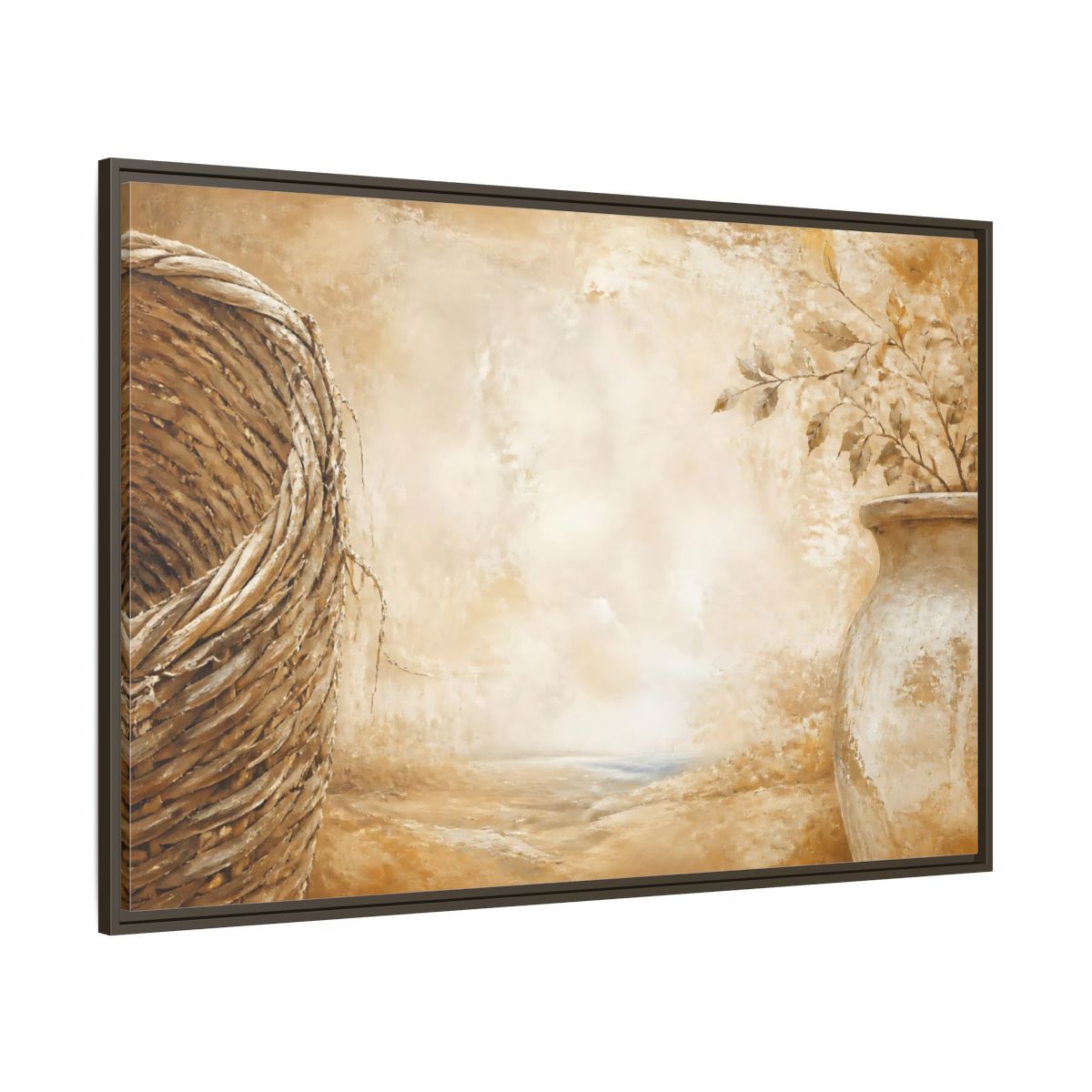 Side Mockup 8. Woven Basket & Clay Urn shown as framed canvas print