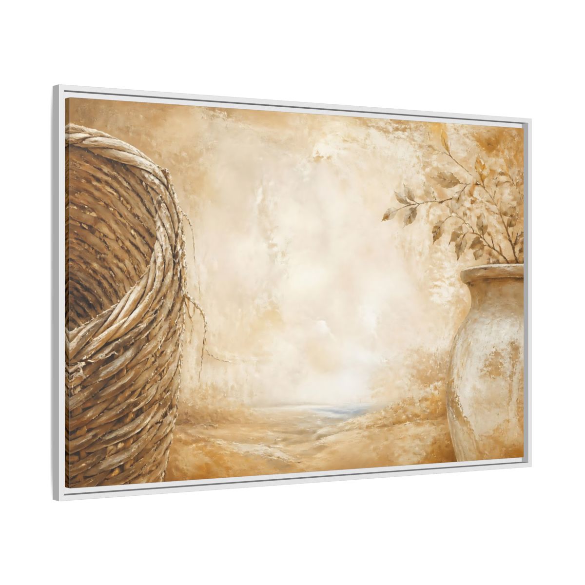 Side Mockup 7. Woven Basket & Clay Urn shown as framed canvas print