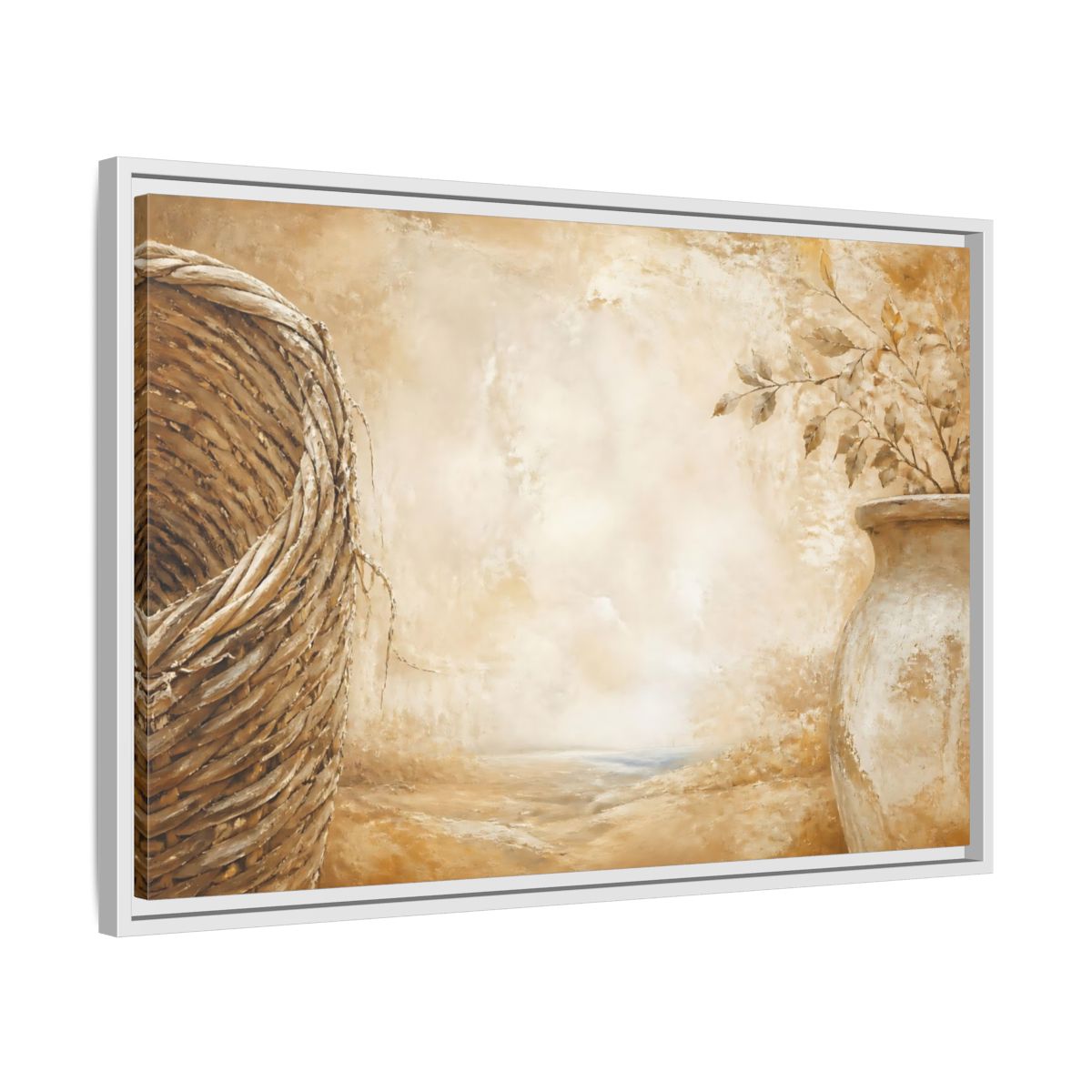 Side Mockup 10. Woven Basket & Clay Urn shown as framed canvas print
