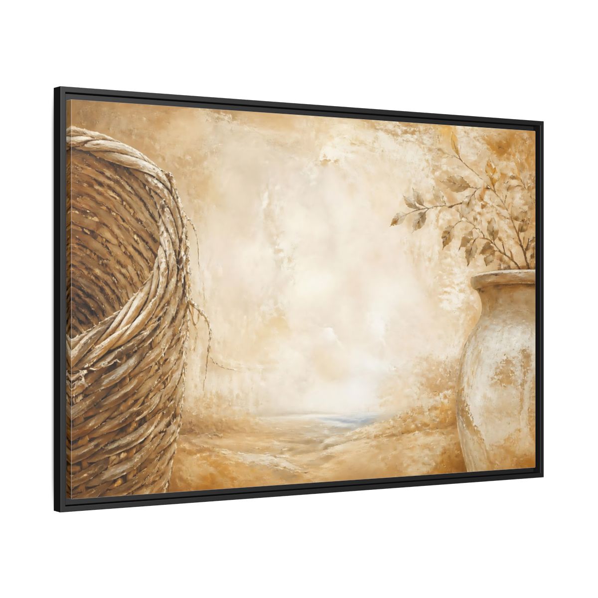 Side Mockup 12. Woven Basket & Clay Urn shown as framed canvas print