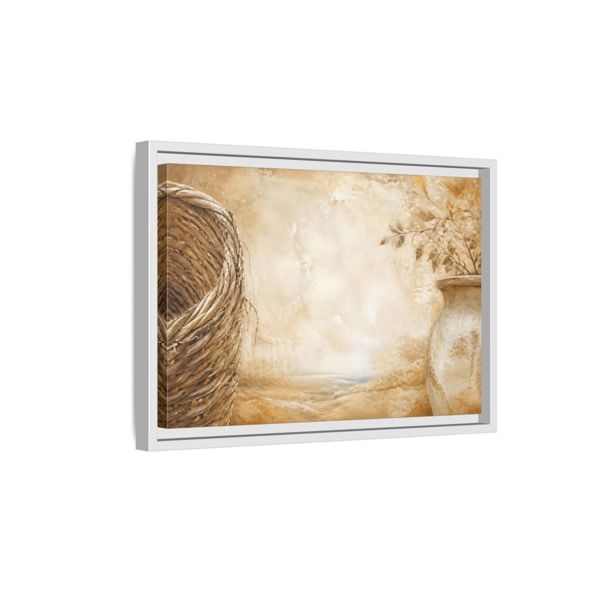 Side Mockup 4. Woven Basket & Clay Urn shown as framed canvas print