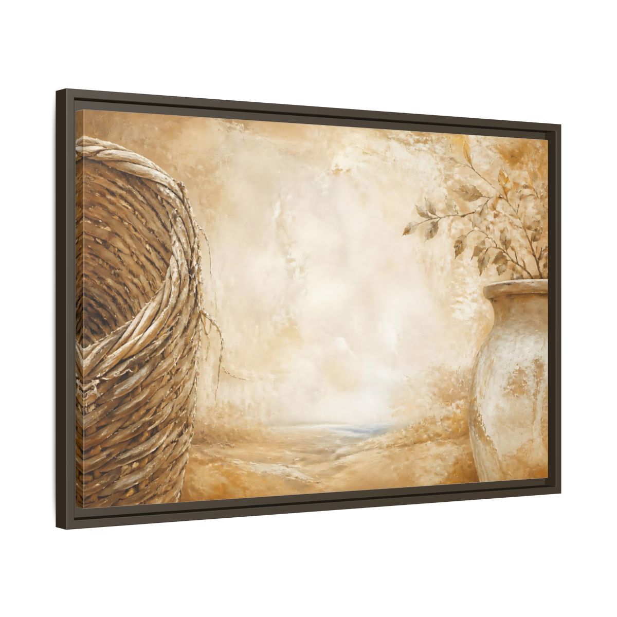 Side Mockup 11. Woven Basket & Clay Urn shown as framed canvas print