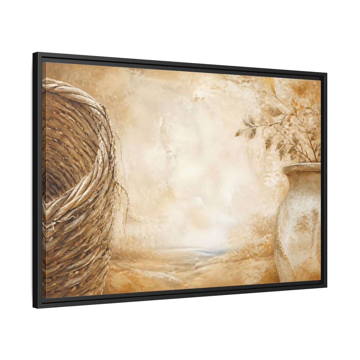 Side Mockup 13. Woven Basket & Clay Urn shown as framed canvas print