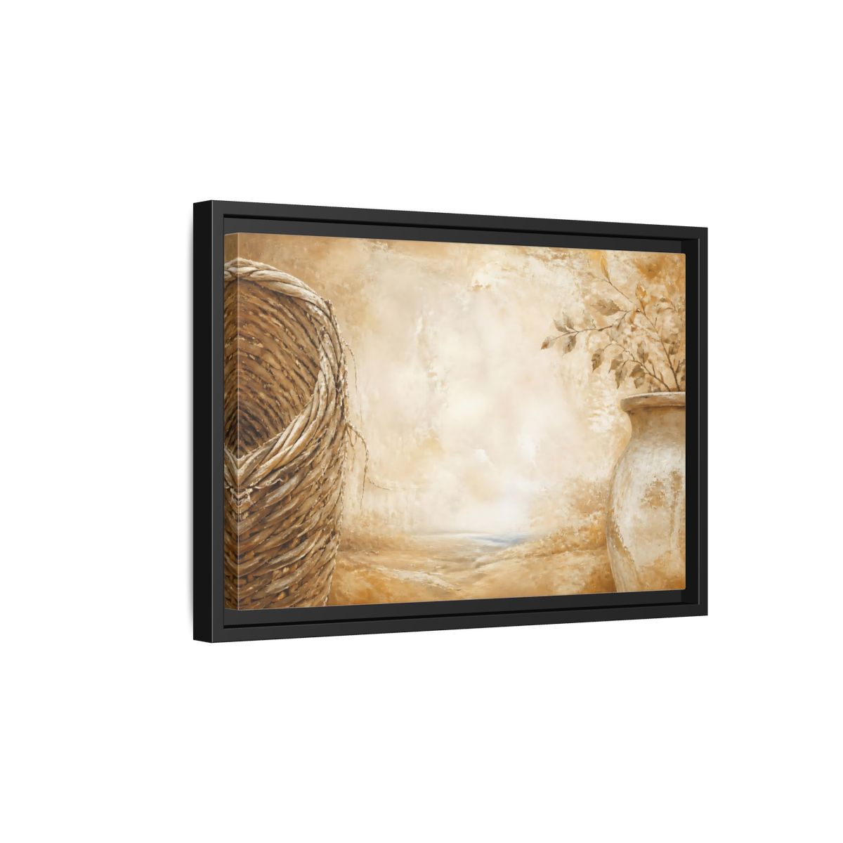 Side Mockup 6. Woven Basket & Clay Urn shown as framed canvas print