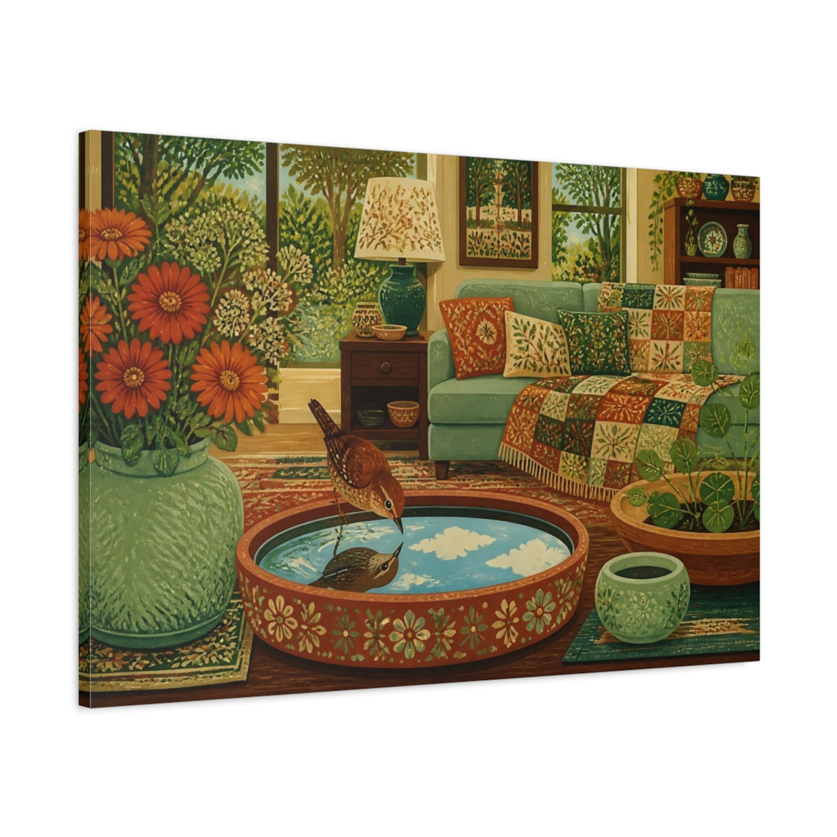 Main Mockup. Wren In Living Room shown as canvas print