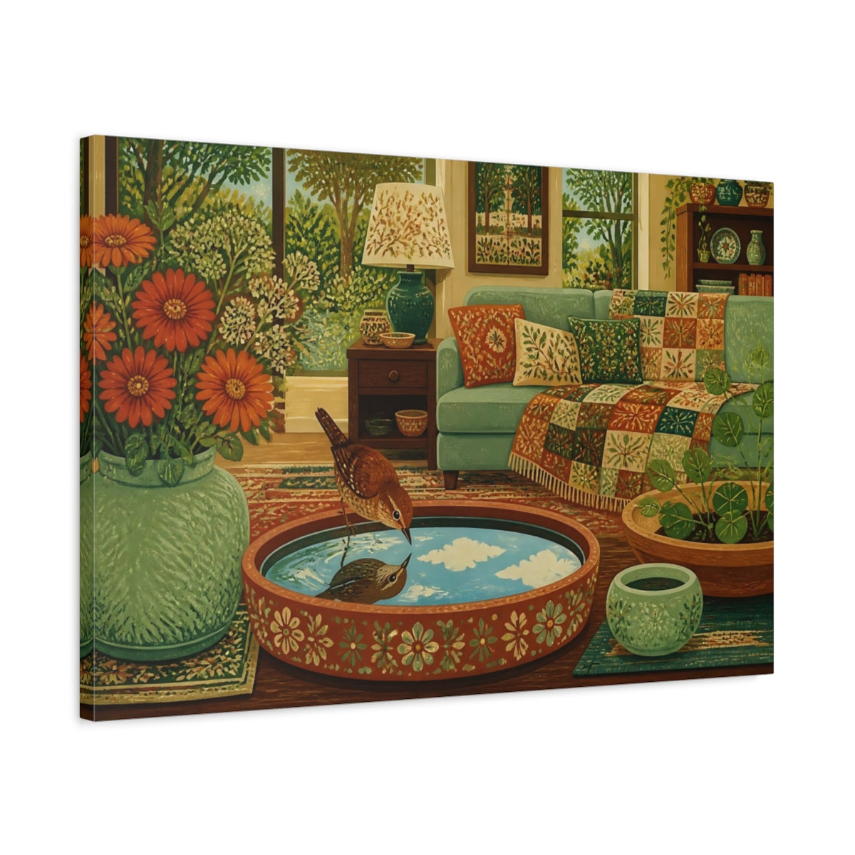 Side Mockup 2. Wren In Living Room shown as canvas print