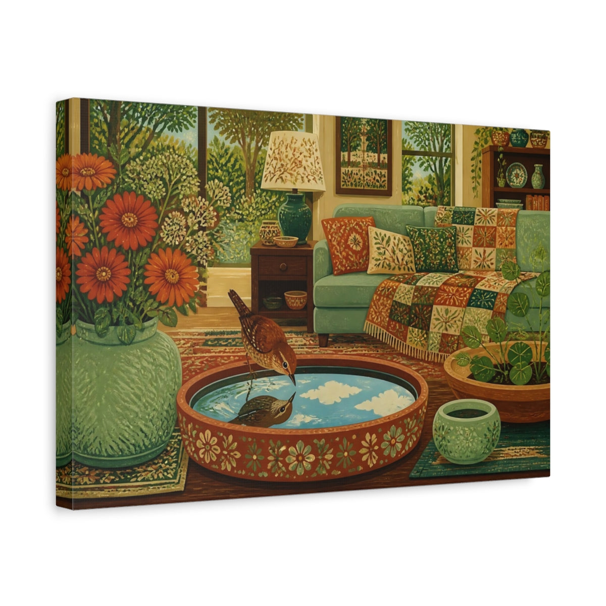 Side Mockup 4. Wren In Living Room shown as canvas print