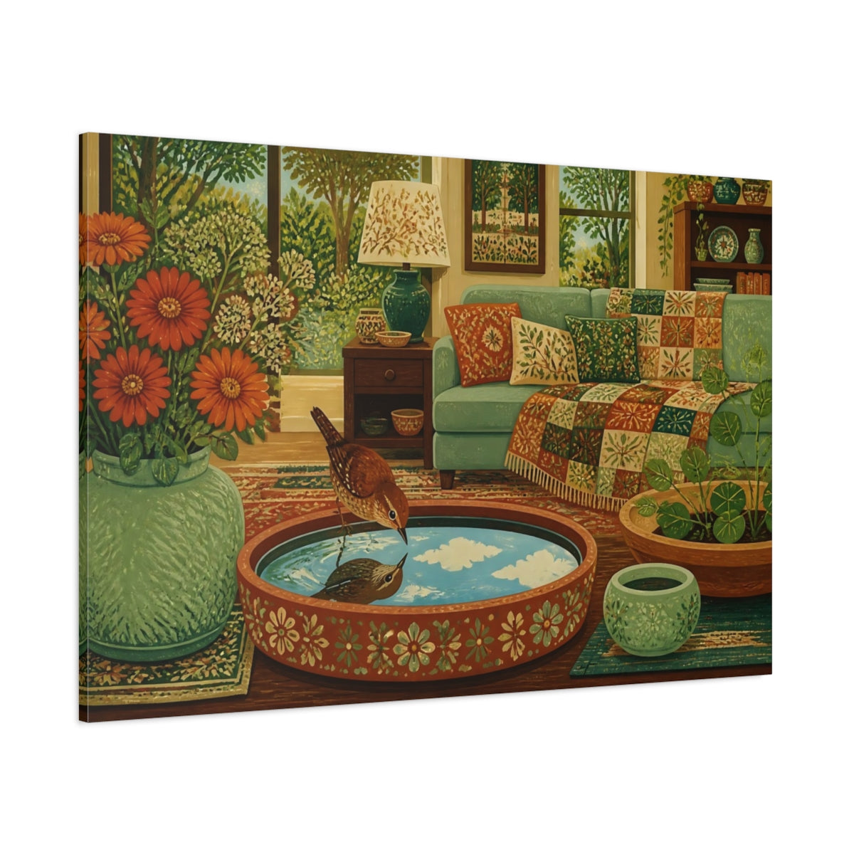 Side Mockup 1. Wren In Living Room shown as canvas print