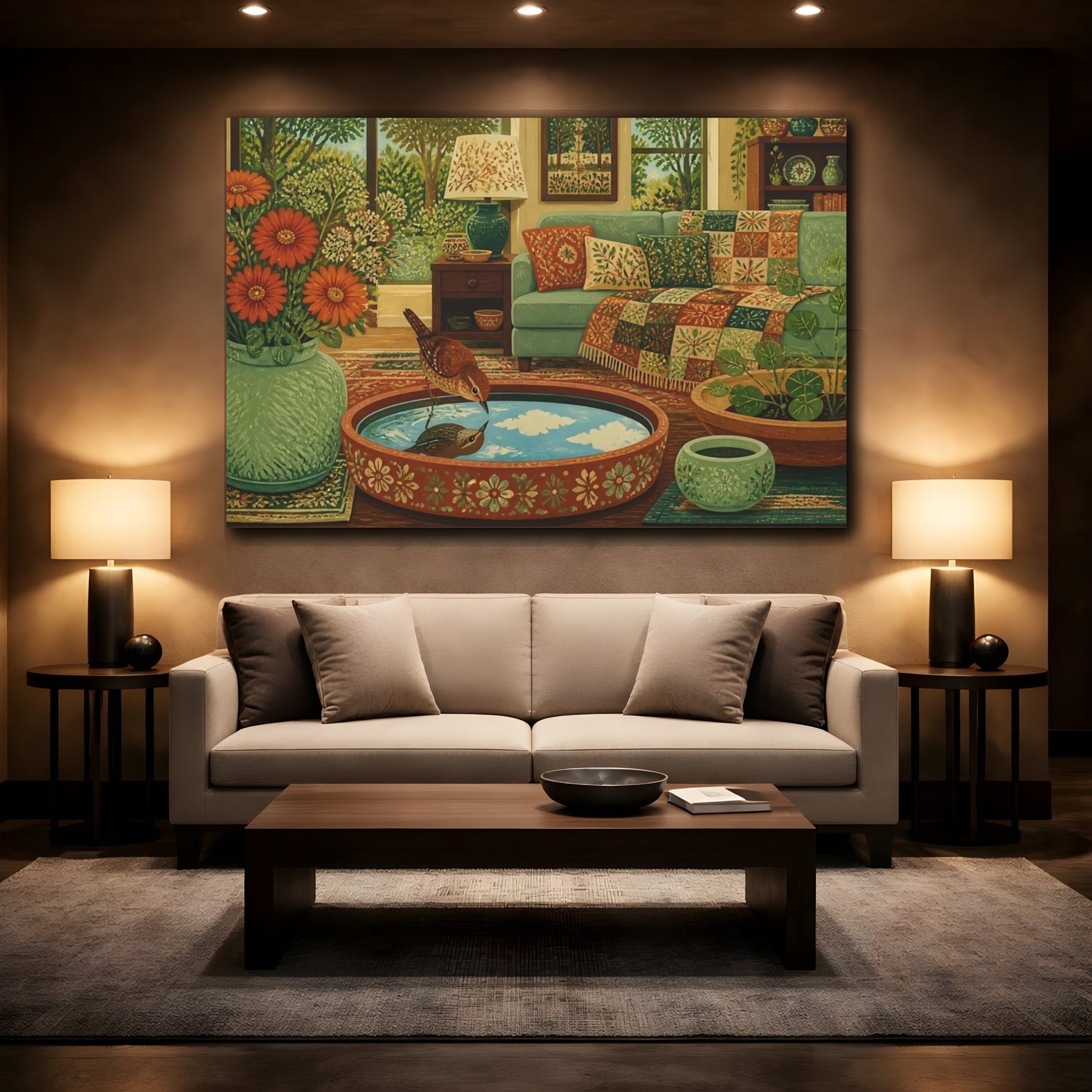 Mockup 2. Wren In Living Room shown as canvas print