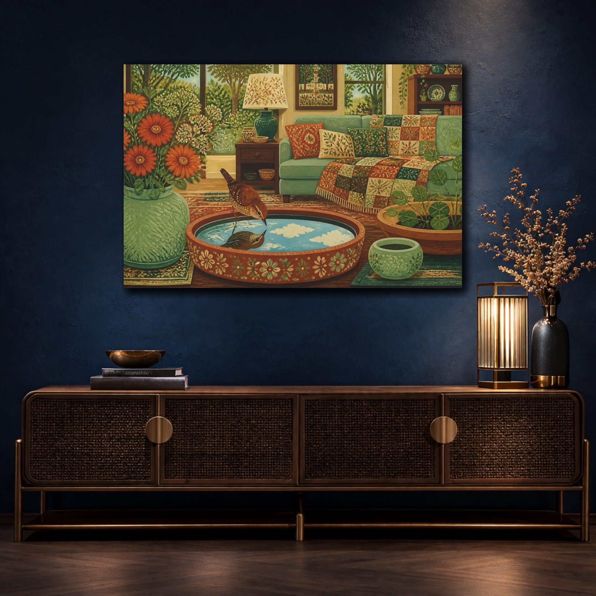Mockup 4. Wren In Living Room shown as canvas print