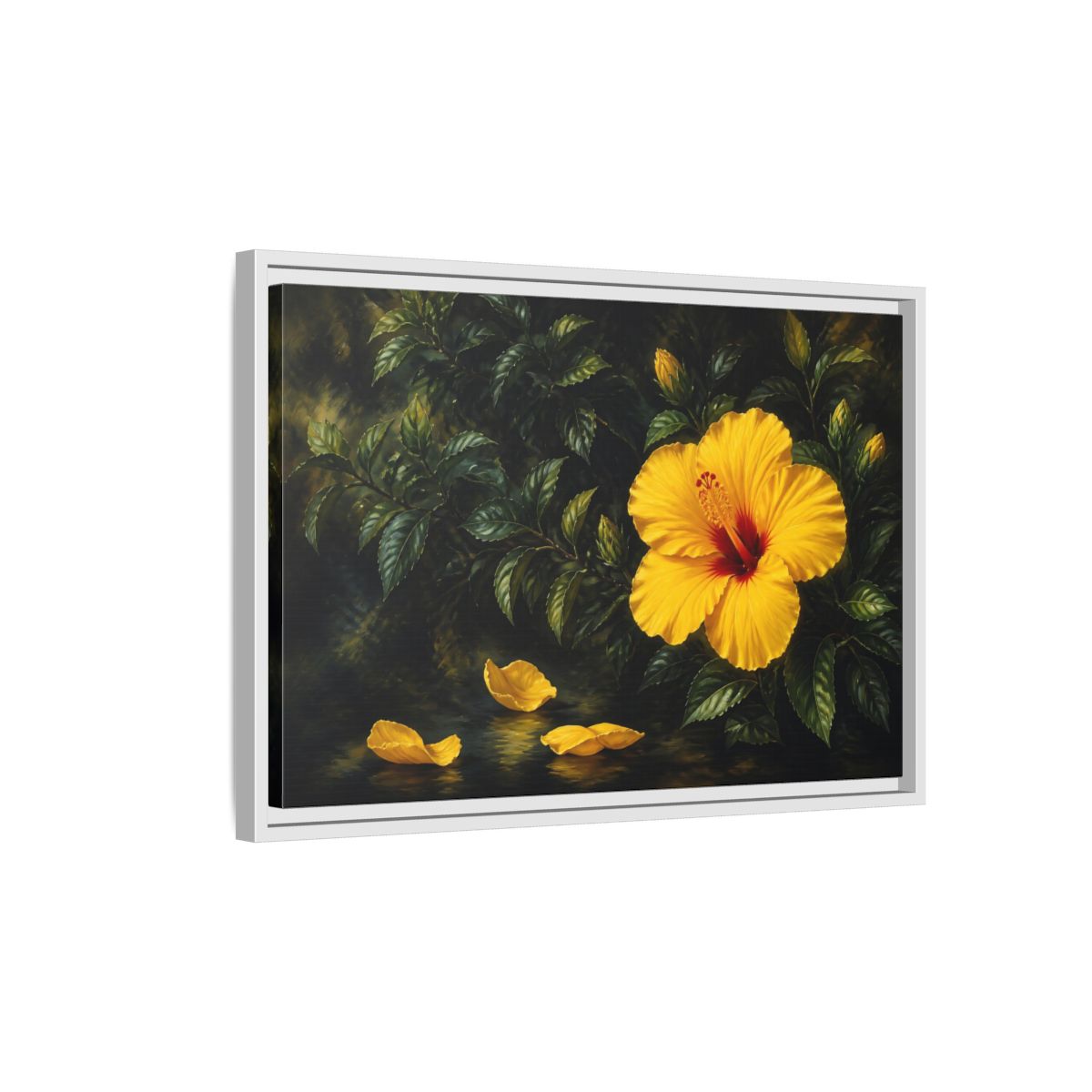 Side Mockup 1. Yellow Hibiscus Flowers shown as framed canvas print