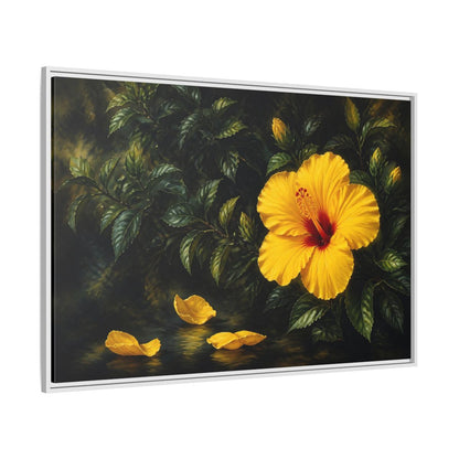 Side Mockup 7. Yellow Hibiscus Flowers shown as framed canvas print