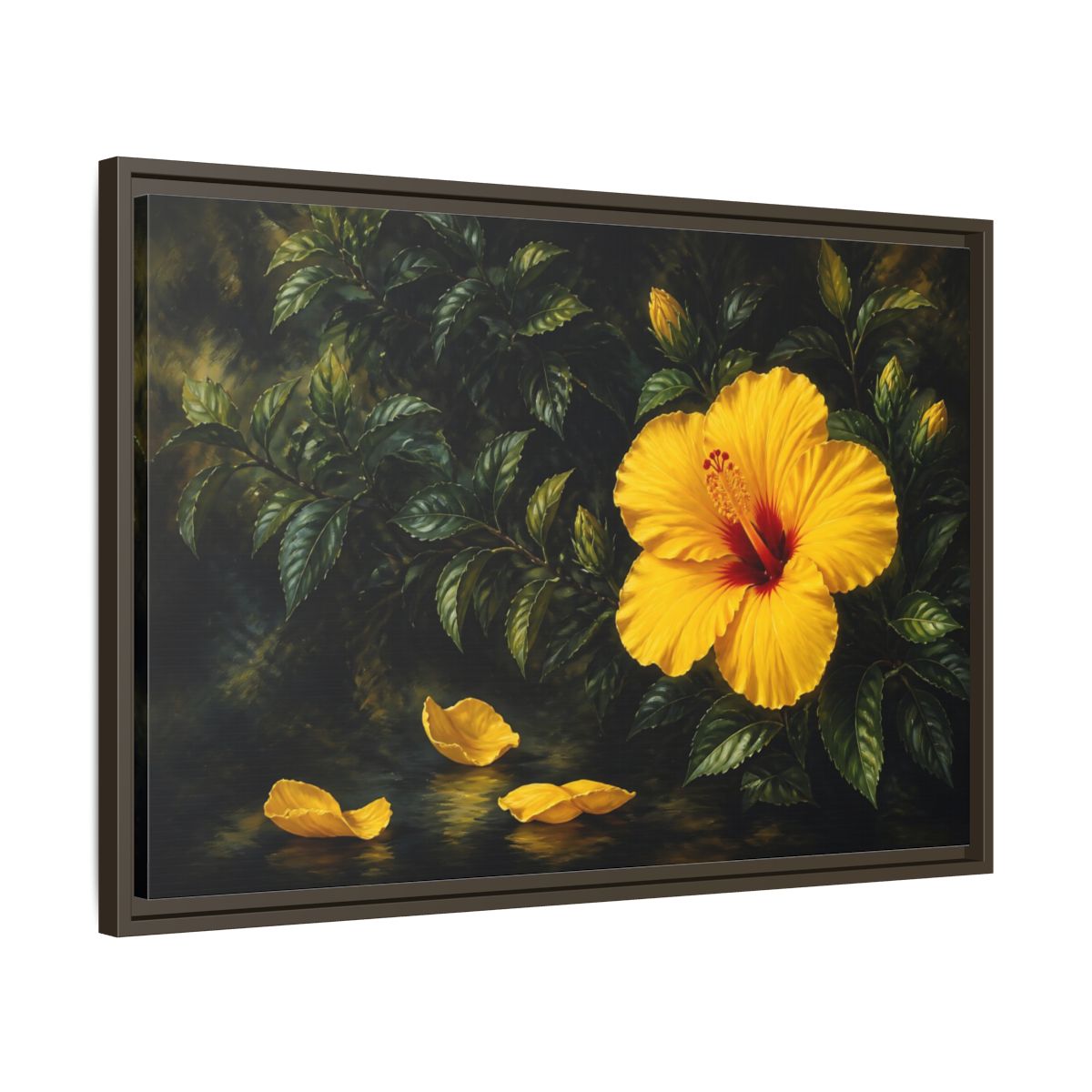 Side Mockup 11. Yellow Hibiscus Flowers shown as framed canvas print