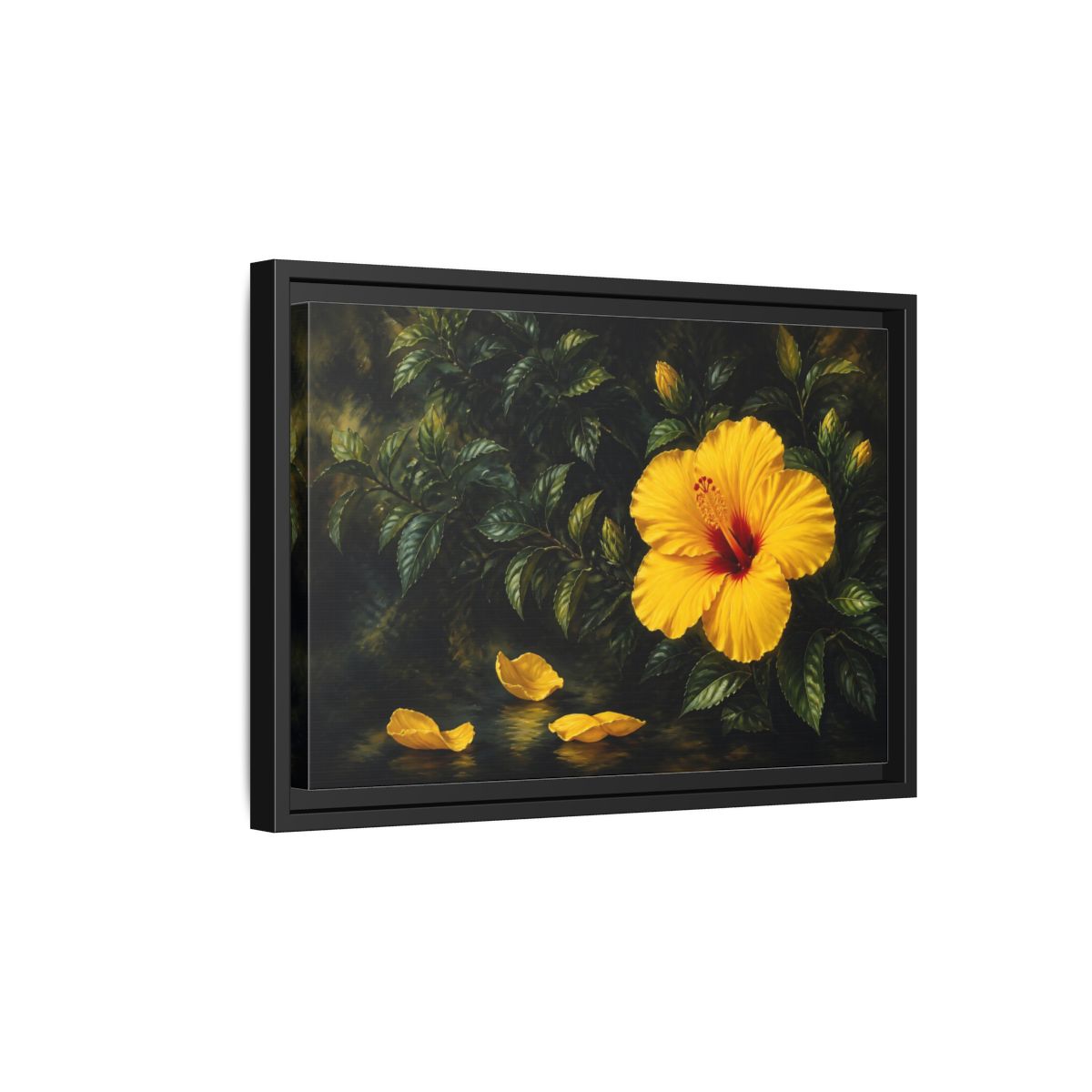 Side Mockup 6. Yellow Hibiscus Flowers shown as framed canvas print