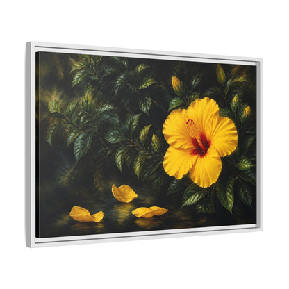 Side Mockup 10. Yellow Hibiscus Flowers shown as framed canvas print