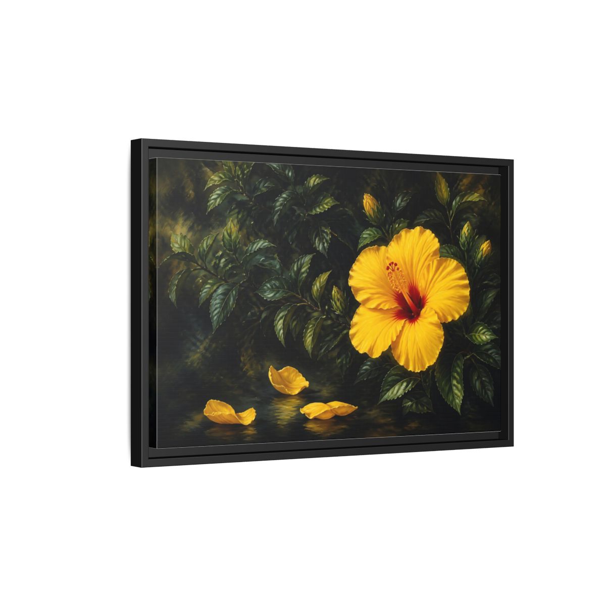 Side Mockup 3. Yellow Hibiscus Flowers shown as framed canvas print
