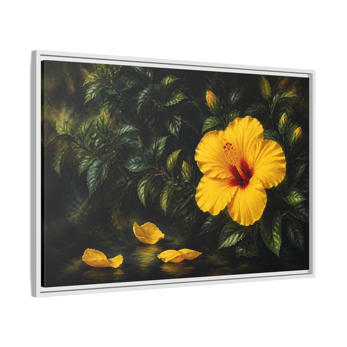 Side Mockup 9. Yellow Hibiscus Flowers shown as framed canvas print
