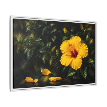 Side Mockup 9. Yellow Hibiscus Flowers shown as framed canvas print