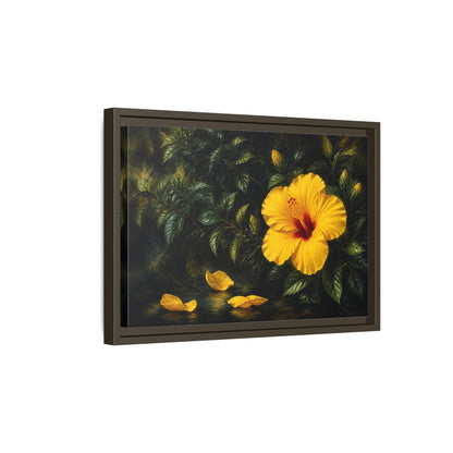 Side Mockup 5. Yellow Hibiscus Flowers shown as framed canvas print