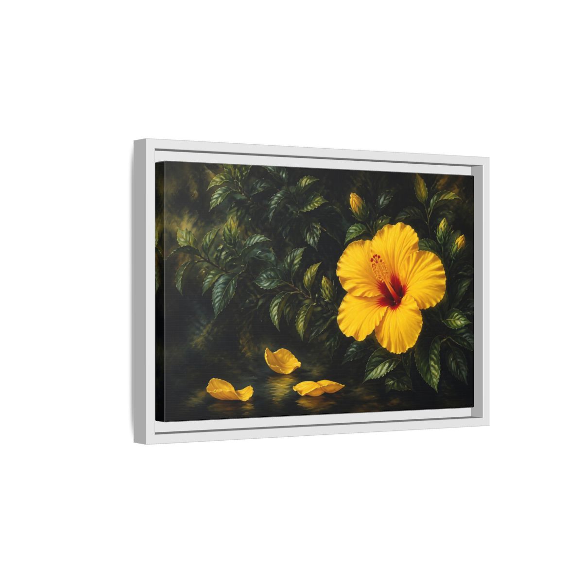 Side Mockup 4. Yellow Hibiscus Flowers shown as framed canvas print
