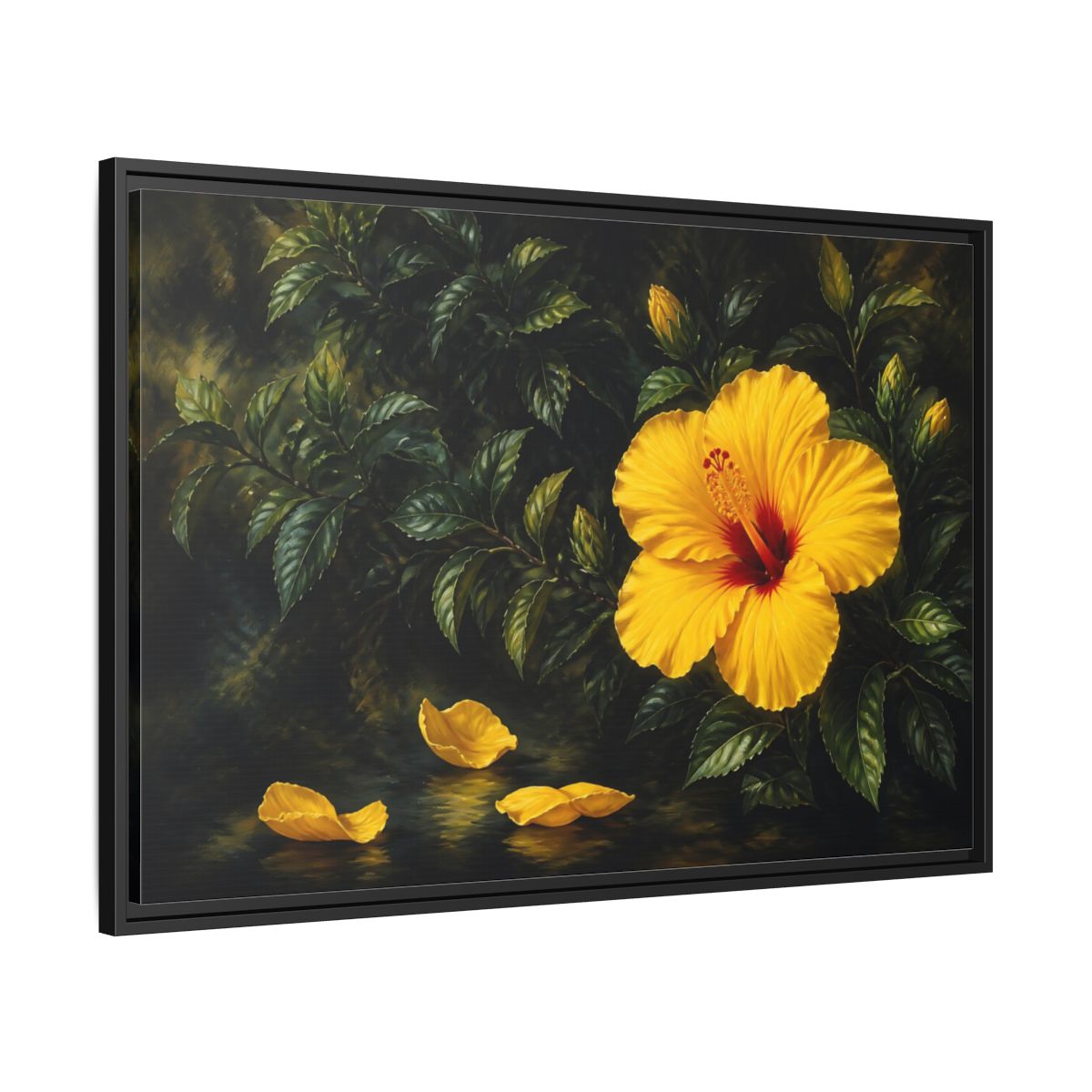 Side Mockup 13. Yellow Hibiscus Flowers shown as framed canvas print
