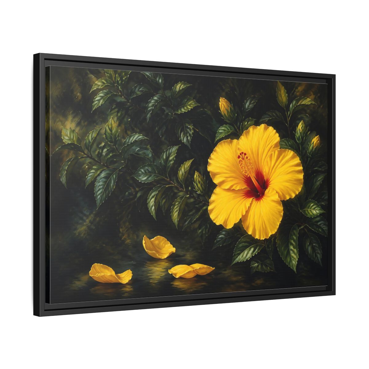 Side Mockup 14. Yellow Hibiscus Flowers shown as framed canvas print