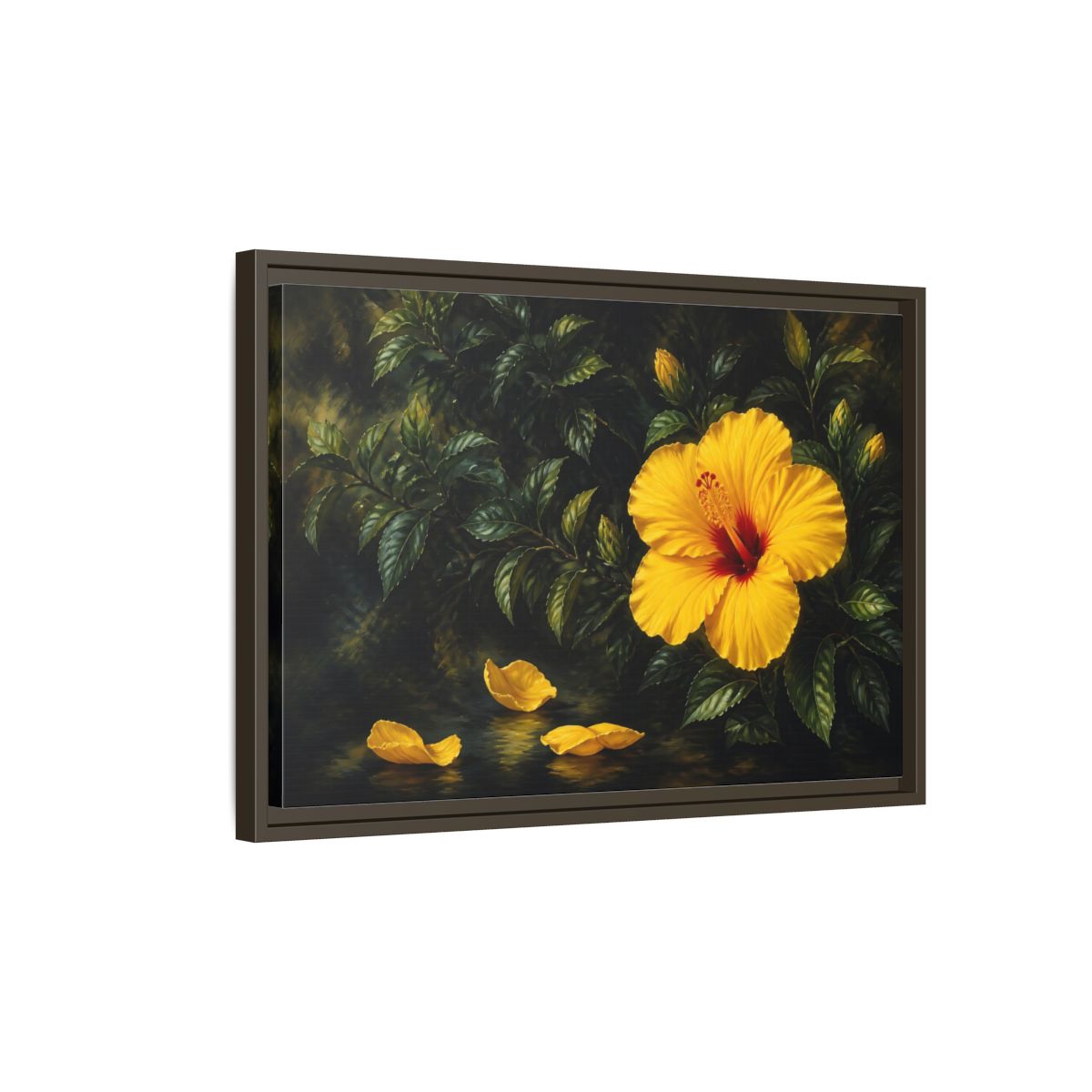 Side Mockup 2. Yellow Hibiscus Flowers shown as framed canvas print