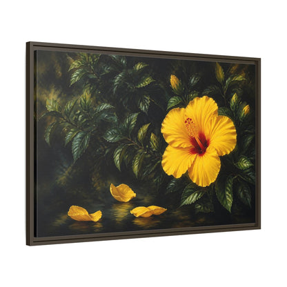 Main Mockup. Yellow Hibiscus Flowers shown as framed canvas print