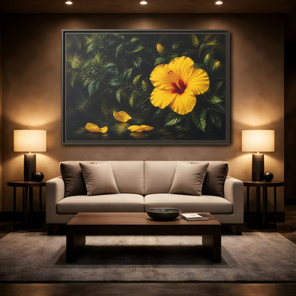 Mockup 2. Yellow Hibiscus Flowers shown as framed canvas print