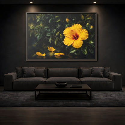 Mockup 3. Yellow Hibiscus Flowers shown as framed canvas print