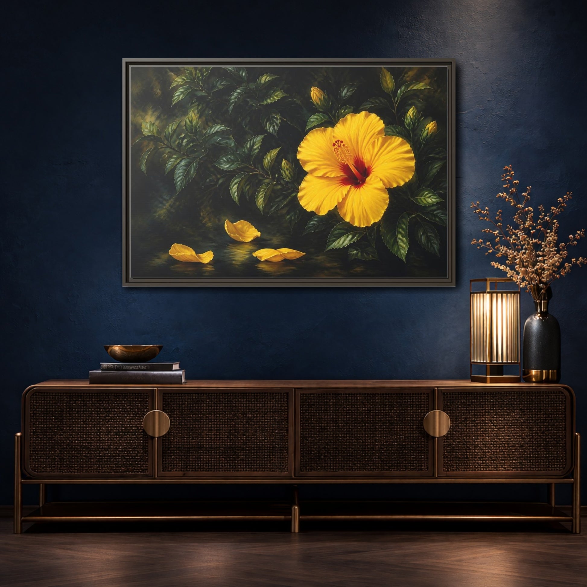 Mockup 4. Yellow Hibiscus Flowers shown as framed canvas print