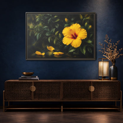 Mockup 4. Yellow Hibiscus Flowers shown as framed canvas print