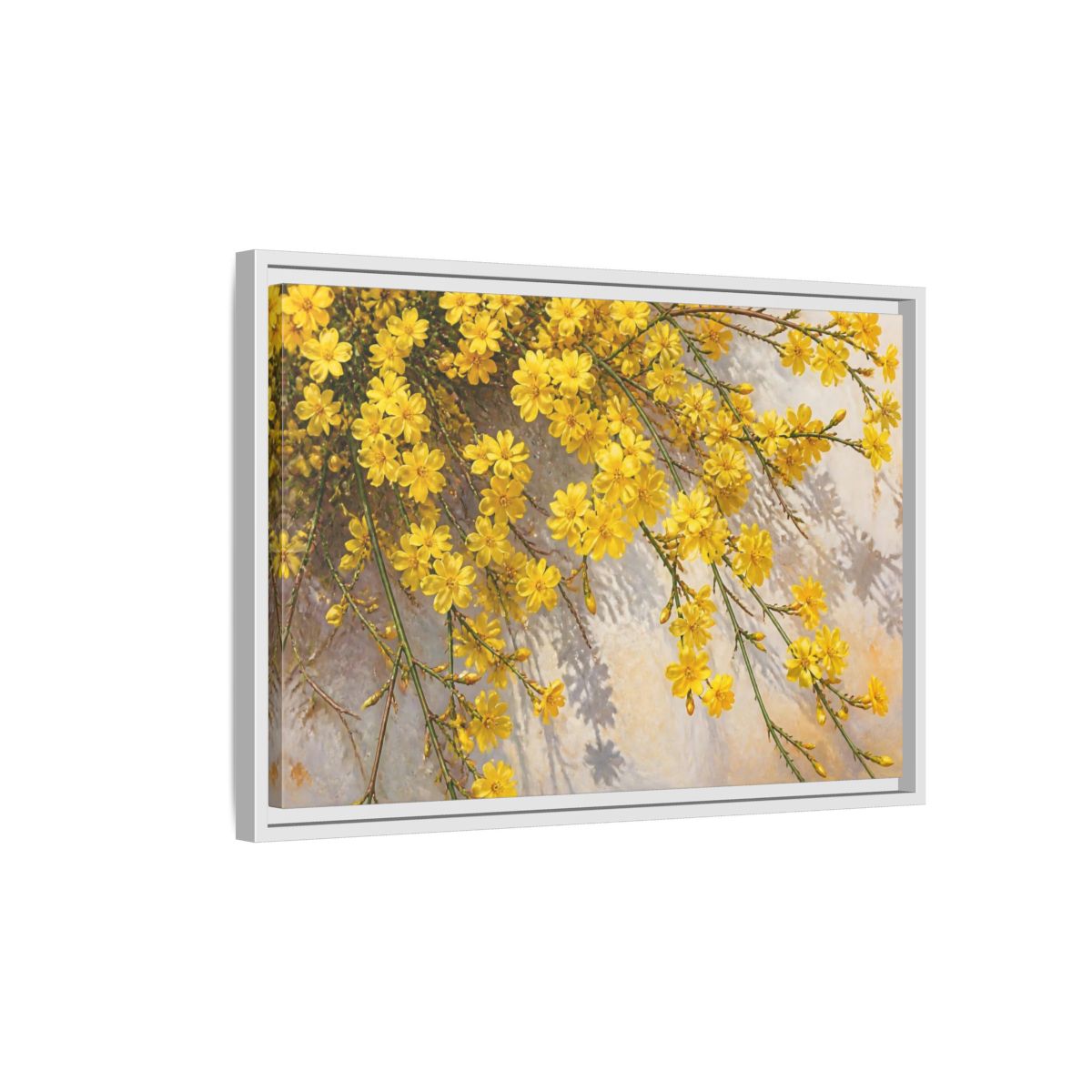 Side Mockup 1. Yellow Jasmine Floral Branches shown as framed canvas print
