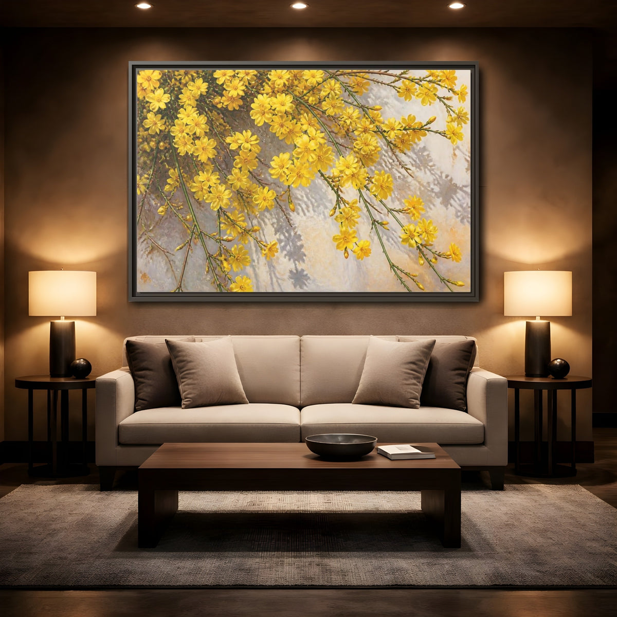 Mockup 2. Yellow Jasmine Floral Branches shown as framed canvas print