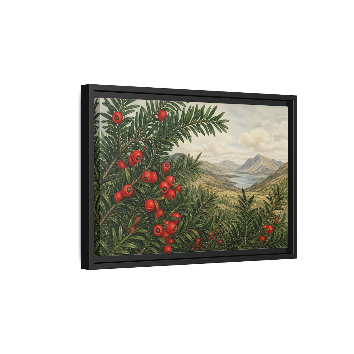 Side Mockup 6. Yew Branches With Red Berries shown as framed canvas print