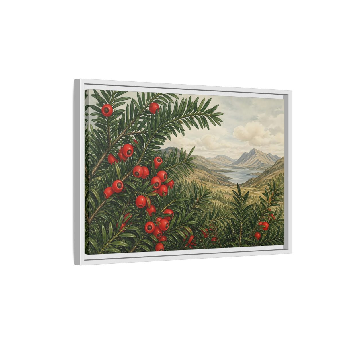 Side Mockup 1. Yew Branches With Red Berries shown as framed canvas print