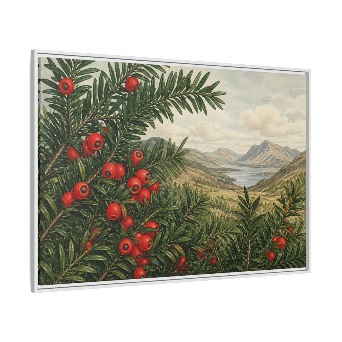 Side Mockup 7. Yew Branches With Red Berries shown as framed canvas print
