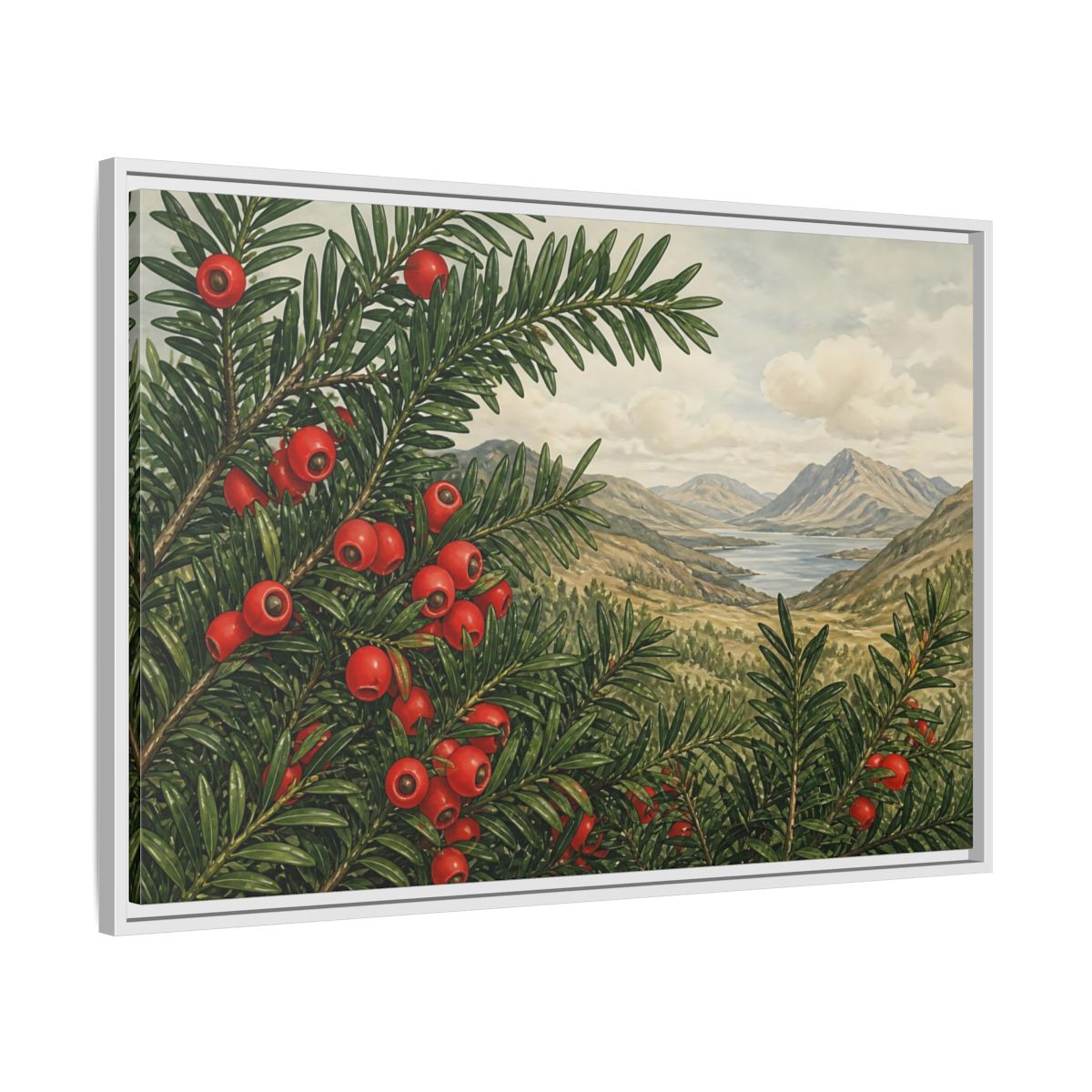 Side Mockup 9. Yew Branches With Red Berries shown as framed canvas print