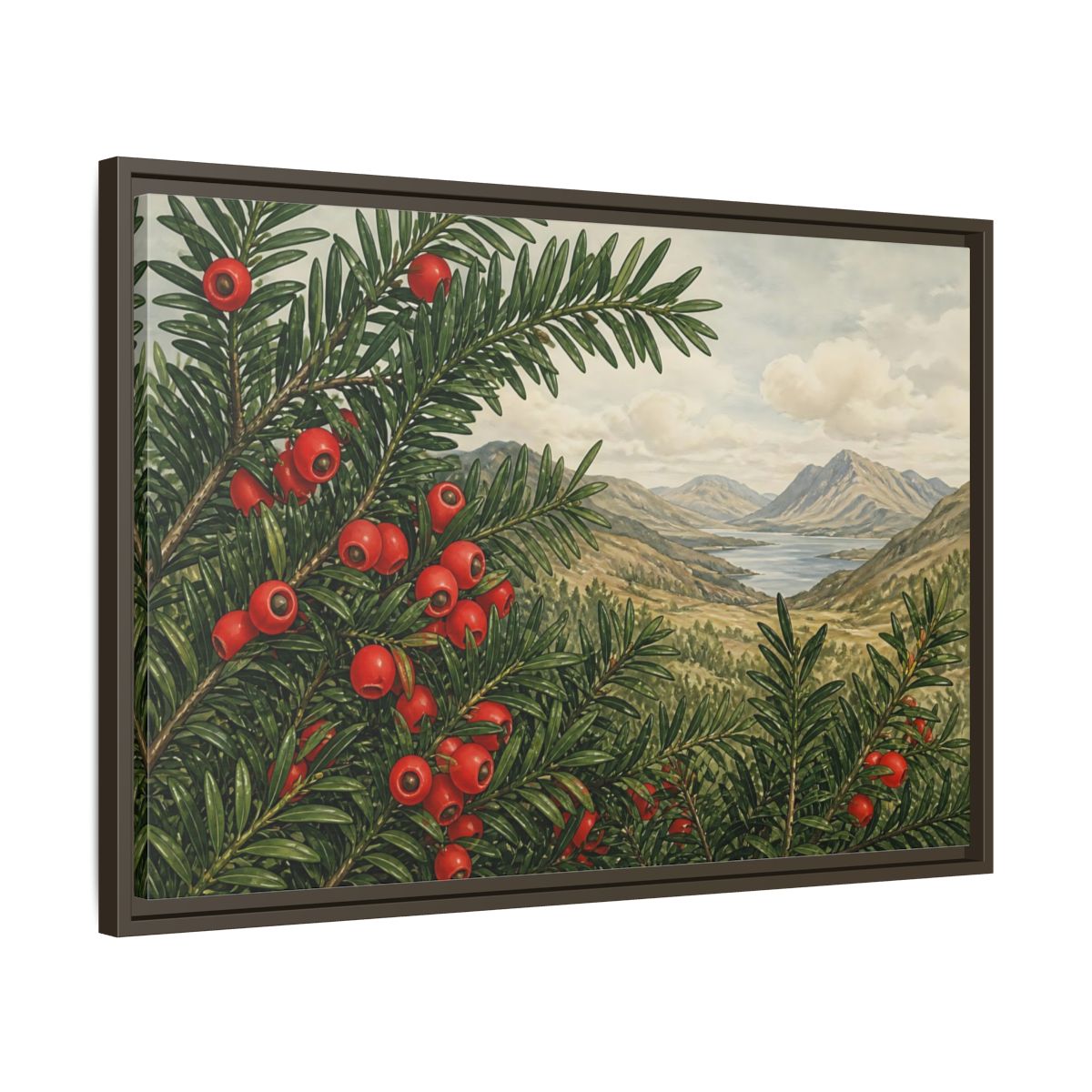 Side Mockup 11. Yew Branches With Red Berries shown as framed canvas print