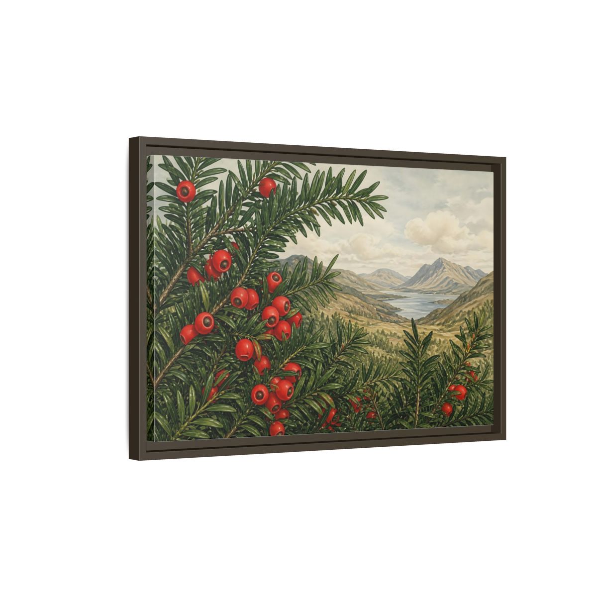 Side Mockup 2. Yew Branches With Red Berries shown as framed canvas print