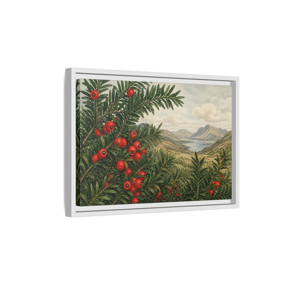 Side Mockup 4. Yew Branches With Red Berries shown as framed canvas print