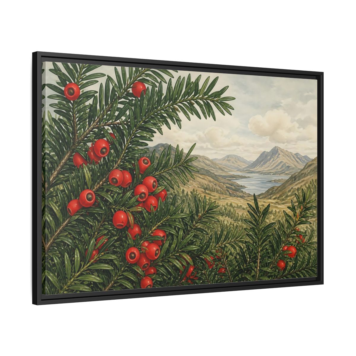 Side Mockup 13. Yew Branches With Red Berries shown as framed canvas print