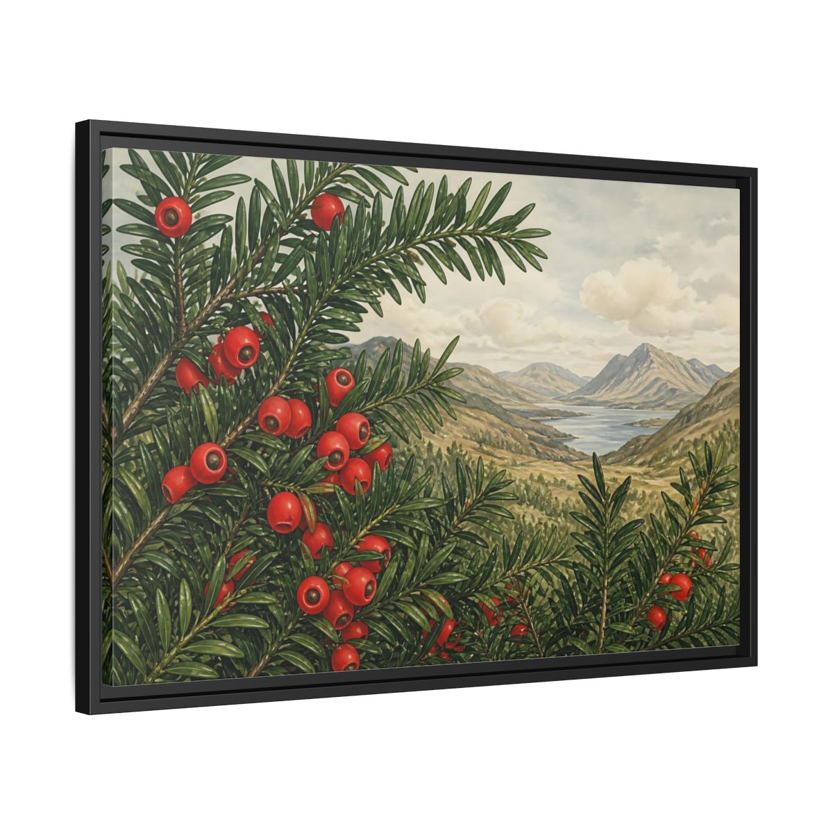 Side Mockup 14. Yew Branches With Red Berries shown as framed canvas print