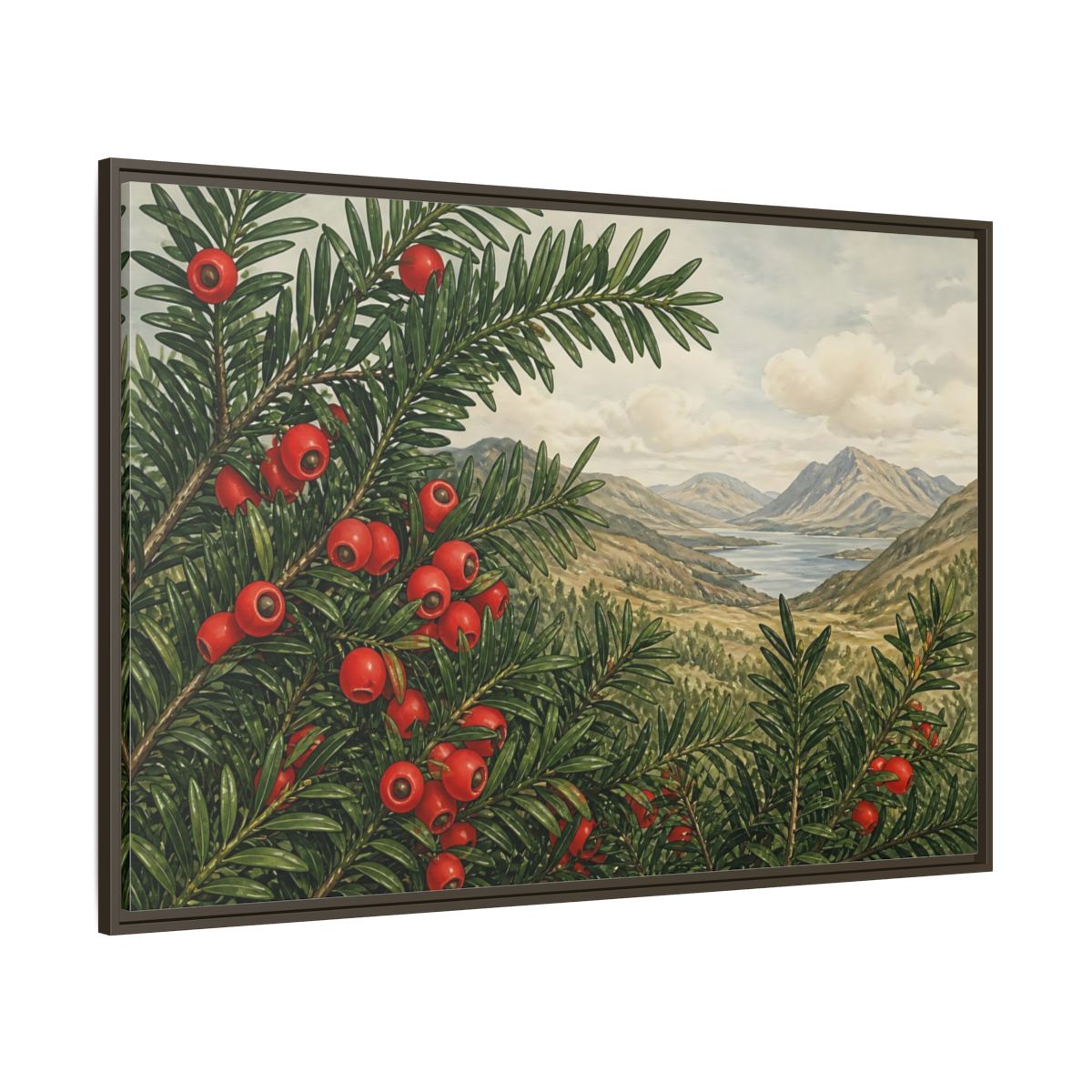 Side Mockup 8. Yew Branches With Red Berries shown as framed canvas print