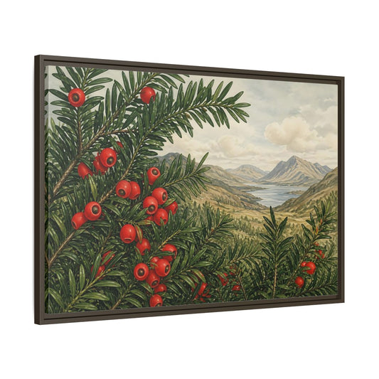 Main Mockup. Yew Branches With Red Berries shown as framed canvas print