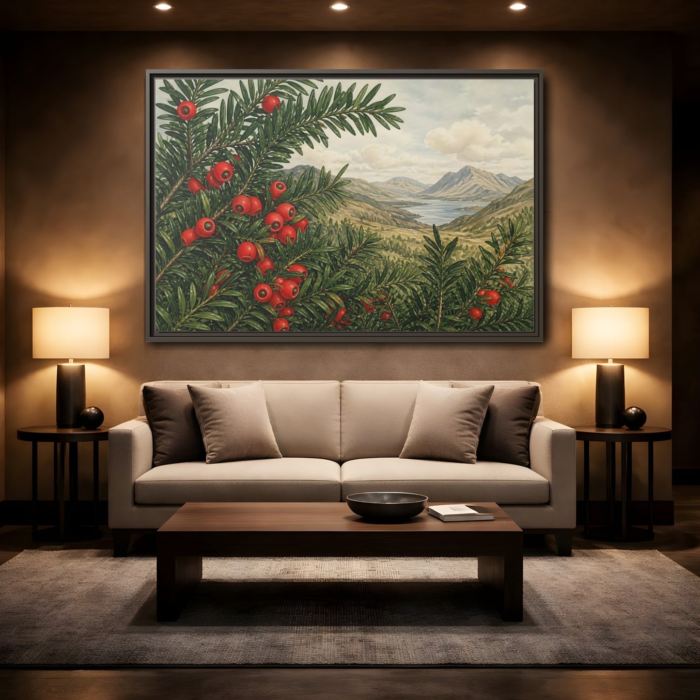 Mockup 2. Yew Branches With Red Berries shown as framed canvas print