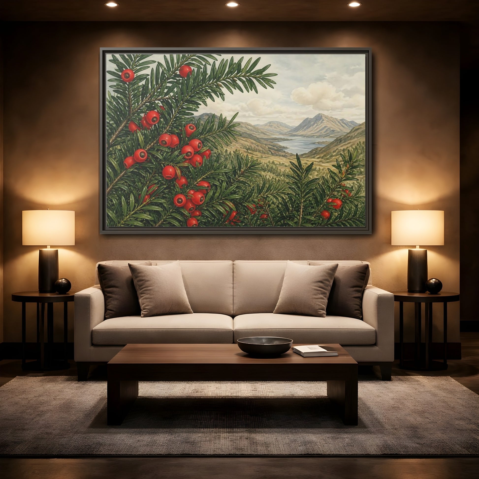 Mockup 2. Yew Branches With Red Berries shown as framed canvas print
